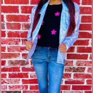 Iridescent sequined moto jacket blazer